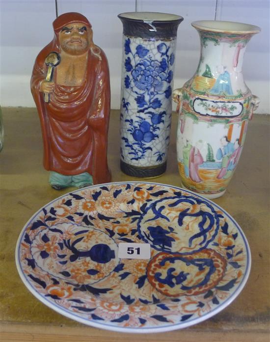 Oriental items to include: 2 Chinese vases, a Japanese figure of a monk and an Imari plate